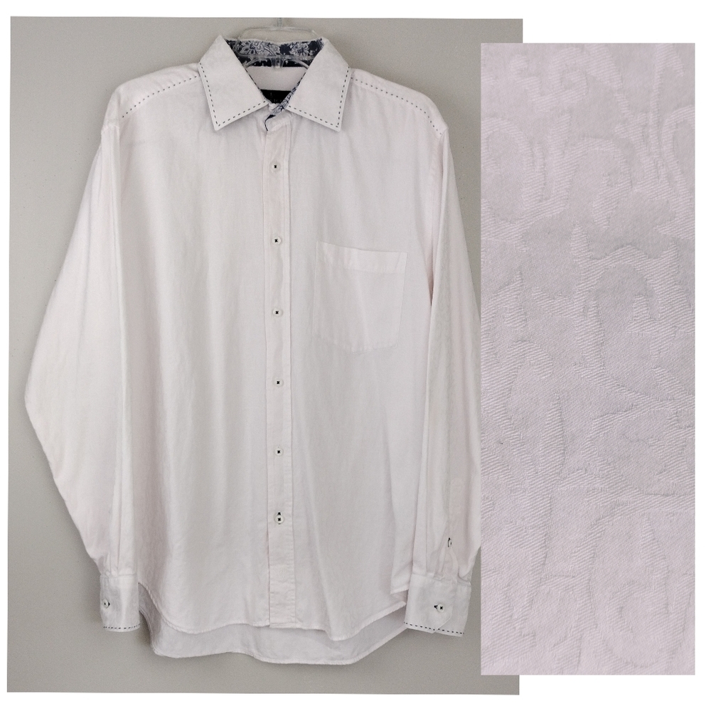 Bugatchi Pale Pink 100% Cotton Brocade pattern Top Stitched Button Down Sz. L